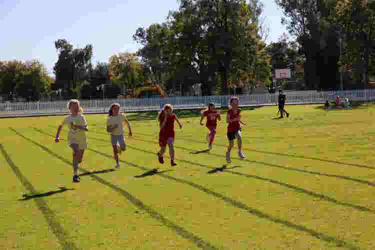 Five students running in a race against each other at the local oval