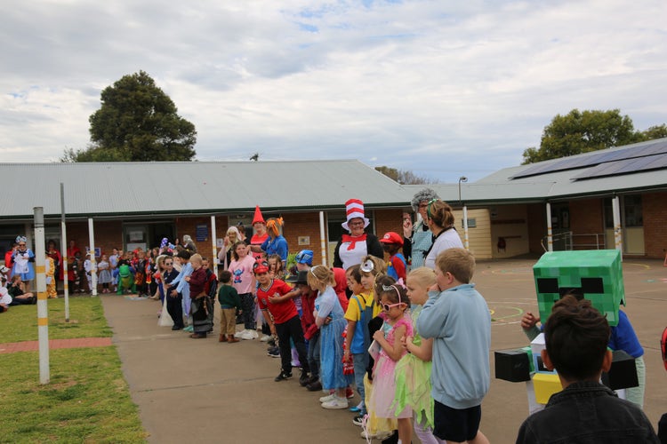 Kinder to Year 2 students dressed in their Book Week character outfits.